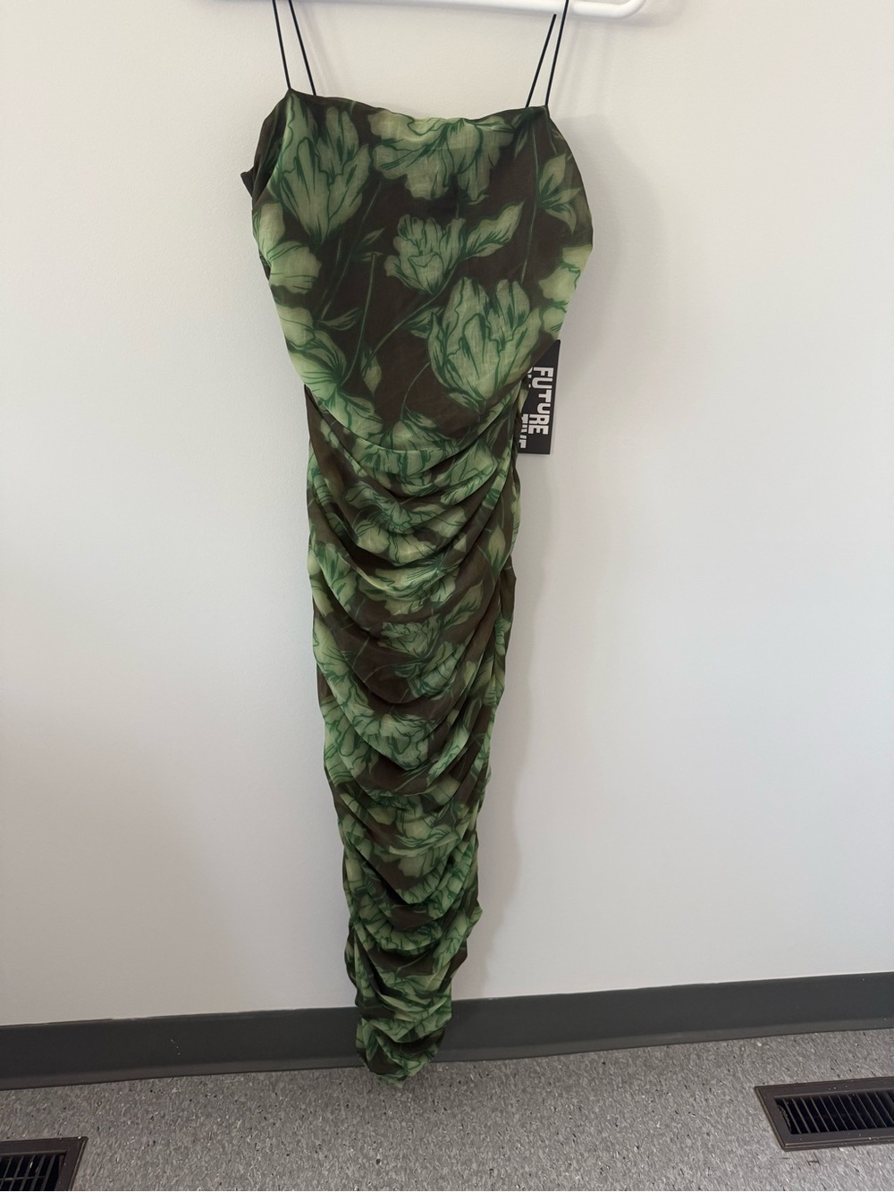 Green Floral Ruched Maxi Dress with Spaghetti Straps